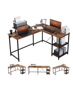 lot 3852 image: OUTFINE 55 L Shaped Desk Corner Desk Double Computer Desk Home Office Gaming Workstation with Storage Shelves and Monitor Stand, Appears New