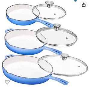 lot 3876 image: Bruntmor Pre-seasoned 8 Inch, 10 Inch &12 Inch Blue Enamel Cast Iron Nonstick Frying Pan  Set of 3 With Tempered Glass Lid  Oven Safe Cast Iron Skillet  Egg PanGrill Pan Set  Cast Iron Pot Retails $109