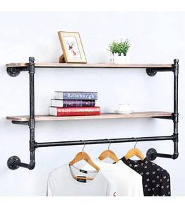 lot 3887 image: JIANZHUO Industrial Pipe Clothing Rack Wall Mounted with Real Wood Shelf,Rustic