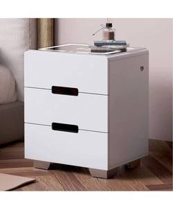 lot 3908 image: RYMLESS No Assembly Smart LED Nightstand with Charging Station, End Side Table with Adjustable Light, White Bed Side Table with 3 Drawers, Paint Finish Dresser Storage Cabinet for Bedroom