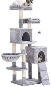 lot 3916 image: Hey-brother 58 Multi-Level Cat Tree Condo Furniture with Sisal-Covered Scratching Posts, 2 Plush Condos, Hammock for Kittens, Cats and Pets Light Gray