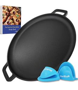 lot 3938 image: StarBlue 16 Inch Cast Iron Pizza Pan Round Griddle with FREE Silicone Handles and 30 Recipes Ebook(online only), Pre-Seasoned Comal, NEW