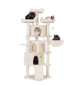 lot 3940 image: Hey-brother XL Size Cat Tree, 67.7 inch Cat Tower with 3 Caves, 3 Cozy Perches, Scratching Posts, Beige in Color, NEW