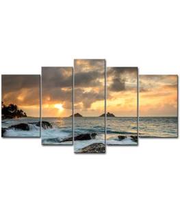 lot 3941 image: Blue 5 Piece Wall Art Painting Sunrise at Lanikai Point Hawaii White Wave Pictures Prints On Canvas Seascape, NEW in Plastic, Retails-$70