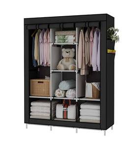 lot 3945 image: UDEAR Portable Wardrobe Closet Clothes Organizer Non-Woven Fabric Cover with 6 Storage Shelves, 2 Hanging Sections and 4 Side Pockets, Black, NEW