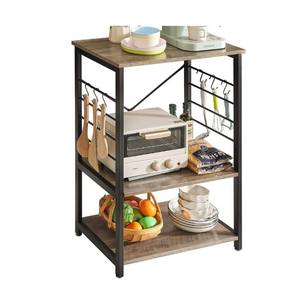 lot 3948 image: YMYNY Standing Bakers Racks, 3-Tier Microwave Oven Stand with Metal Frame and 6 Hooks, Coffee Bar Table, Storage Shelf Rack for Kitchen and Living Room, Panel Adjustable, Silver Gray, Looks Nice, Little Damage