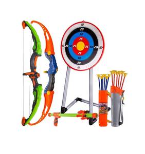 lot 3952 image: Bow and Arrow for Kids, Archery Toy Set, 2 Bows & 1 Blowing Bow & 12 Arrows & 5 Quivers & Standing Target, Outdoor Toys for Children Boys Girls, NEW, Very Cute