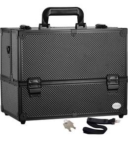 lot 3975 image: Joligrace Makeup Train Case Professional Adjustable - 6 Trays Cosmetic Cases Makeup Storage Organizer Box with Lock and Compartments 14 Inch Large Black