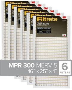 lot 3977 image: Filtrete 16x25x1 Air Filter, MPR 300, MERV 5, Clean Living Basic Dust 3-Month Pleated 1-Inch Air Filters, 6 Filters