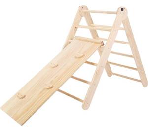 lot 3985 image: HARPPA Foldable Pikler Triangle 2-in-1 Climbing Triangle Arch with Ramp and Slide, Adjustable Angle Climbing Toys Indoor Playground Wooden Montessori Gym Set for Kids Toddlers 1-4 Years Old Retails $89