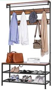 lot 3986 image: VIVOHOME 5-in-1 Entryway Hall Tree, Industrial Stand Organizer with Shoe Bench, Vintage MDF Wood Furniture with Stable Metal Frame