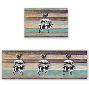 lot 4002 image: Z&L Home Kitchen Rugs Set 2 Pieces Floor Mats Non-Slip Rubber Backing Area Runners Farm Animals Cow Pig Chicken Bathroom Doormat Rustic Wood Texture