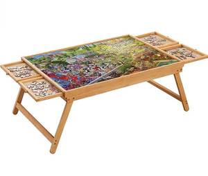 lot 4033 image: 1500PCS Folding Puzzle Table, Puzzle Board with Foldable Legs and 4 Drawers & Cover, 34 x 26 Wooden Puzzle Table for Bed, Puzzle Tables for Adults, Portable Folding Puzzle Tray