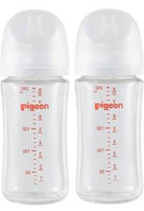 lot 4065 image: Pigeon Glass Nursing Bottle Wide Neck, Streamlined Body, Natural Feel, Easy to Clean, Heat-Resistant, 8.1 Oz (Pack of 4) Retails $60