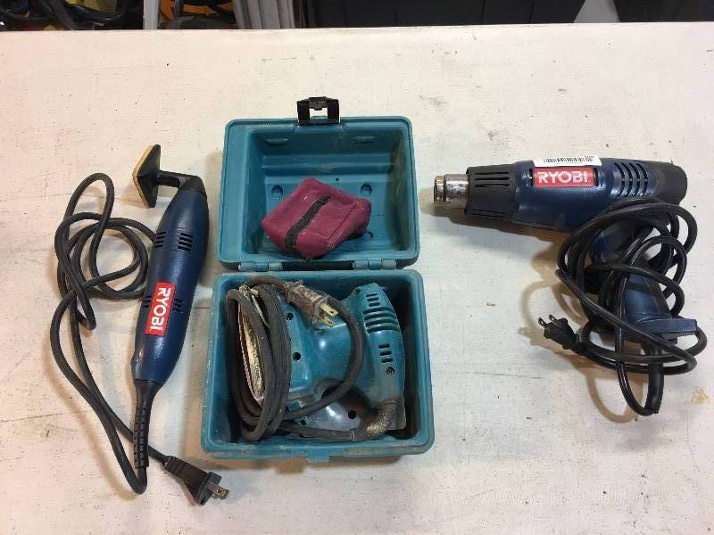 lot 409 image: RYOBI HEAT GUN, SANDER AND MAKITA PALM SANDER