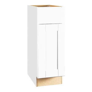 lot 37517 image: Hampton Bay Shaker 12 in. W x 24 in. D x 34.5 in. H Assembled Base Kitchen Cabinet in Satin White with Ball-Bearing Drawer Glides