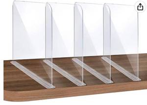 lot 37522 image: ROUFA 4Pcs Clear Acrylic Shelf Dividers, Adjustable Closet Organizer Fit for Any Thickness of Shelves, Multi-Purpose Wood Shelf Separators for Bedroom, Kitchen, Office, Bathroom, 11.8x11