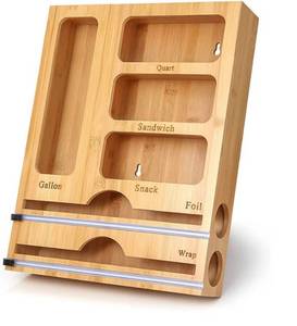 lot 37523 image: Bag Storage Organizer and Wrap Dispenser with Cutter for Kitchen Drawer, Bamboo Bags Compatible Foil, Wax, Ziploc Gallon, Quart, Sandwich Snack Variety Size 12 Rolls, 1.0 Count, (Pack of 1)