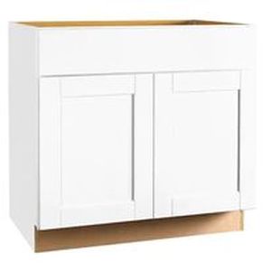 lot 37541 image: Hampton Bay Shaker 36 in. W x 24 in. D x 34.5 in. H Assembled Sink Base Kitchen Cabinet in Satin White