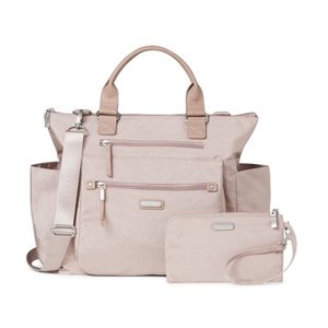 lot 10755 image: baggallini Convertible Bag with RFID wristlet, Blush Shimmer, Used, Bottom is Dirty.