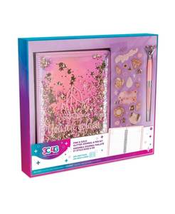 lot 10845 image: Retail - $24.99 3C4G Pink and Gold Glitter Journal with Stickers. Missing Pen.