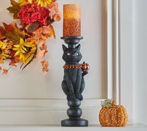 lot 10195 image: Retail - $44.00 Hay & Harvest Resin Black Cat Pillar Holder with LED Candle