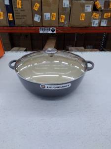 lot 10285 image: Le Creuset Soup Pot with Glass Lid. Flint Oyster