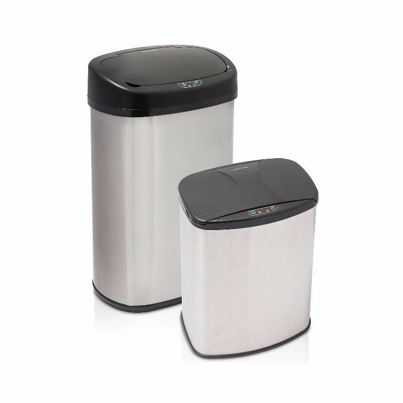 lot 7067 image: Modernhome Brushed Motion Activated 2 Piece Stainless Steel Trash Can Set