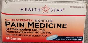 lot 500428 image: Health Star Extra Strength Night Time Pain Medicine Acetaminophen Caplets 50 Ct