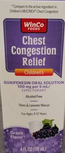 lot 500431 image: WINCO FOODD CHEST CONGESTION RELIEF CHILDRENS GRAPE FLAVOR 4 FL OZ