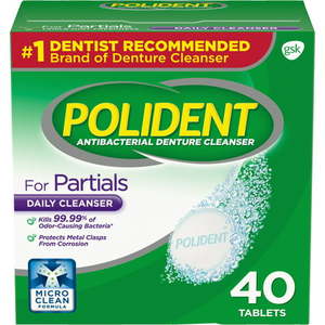 lot 500528 image: Polident Partials Antibacterial Denture Cleanser Effervescent Tablets 40 Count