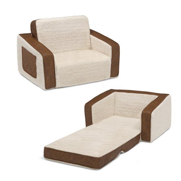 lot 4606 image: Delta Children Cozee Flip-Out Sherpa 2-in-1 Convertible Chair to Lounger for Kids, Cream SherpaFaux Leather