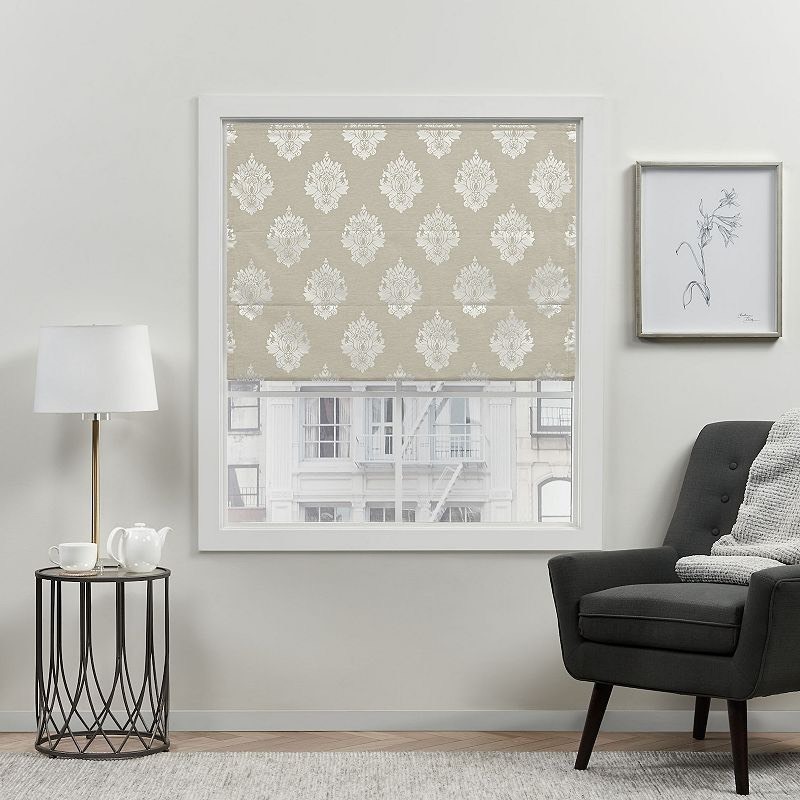 lot 4923 image: Exclusive Home Curtains Marseilles Damask Blackout Roman Shade 27x64 Natural