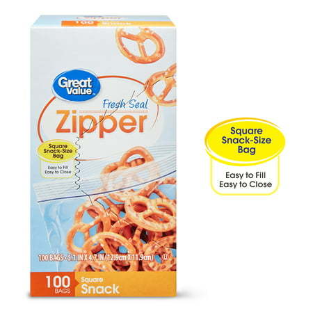 Great Value Fresh Seal Zipper Square Snack Bags, 100 Count 