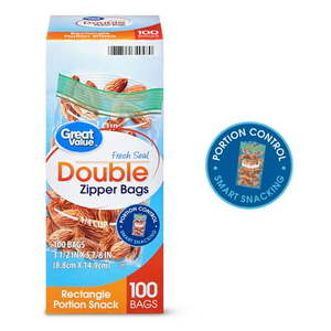 lot 4349 image: Great Value Fresh Seal Double Zipper Rectangle Portion Snack Bags, 100 Count