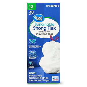 lot 4352 image: Great Value Sustainable Strong Flex 13-Gallon Drawstring Tall Kitchen Trash Bags 40 Bags