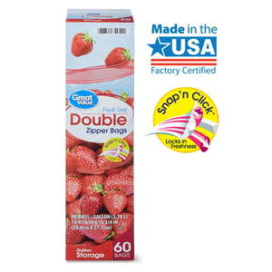 lot 4353 image: Great Value Fresh Seal Double Zipper Storage Bags, Gallon, 60 Count