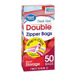lot 6413 image: Great Value Fresh Seal Quart Storage Double Zipper Bags, 50 count