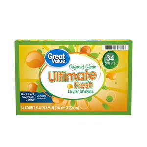 lot 6419 image: Great Value Ultimate Fresh Dryer Sheets, Original Clean, 34 Count