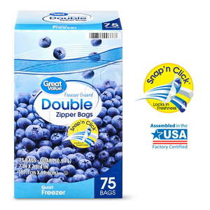 lot 6425 image: Great Value Double Zipper Quart Freezer Bags Mega Pack, 75 count