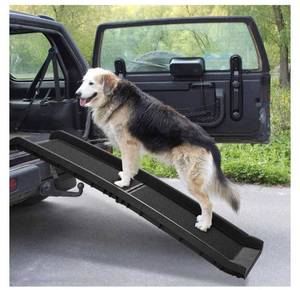 lot 55162 image: COZIWOW Folding Dog Ramp for Car 62L Portable Pet Ramp for Large Dogs SUV lightweight Outdoor Ramps Universal for Bed,Deck Stairs,Couch-Easy Storage,Supports up to 200 lb (Retail $49.99)