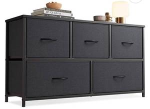 lot 55170 image: Cubiker Dresser Storage Organizer, 5 Drawer Dresser Tower Unit for Bedroom Hallway Entryway Closets, Small Dresser Clothes Storage with Wide Sturdy Steel Frame Wood Top, Black Grey (Retail $59.99)