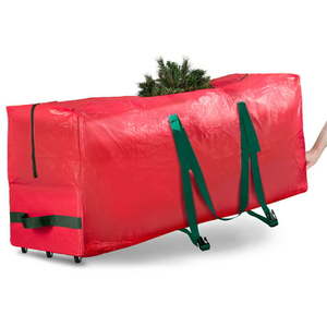 lot 55171 image: Rolling Large Christmas Tree Storage Bag - Fits Artificial Disassembled Trees Durable Handles & Wheels for Easy Carrying and Transport - TearWaterproof Polyethylene Plastic Duffle Bag (9 Ft. Red) (Retail $21.36)