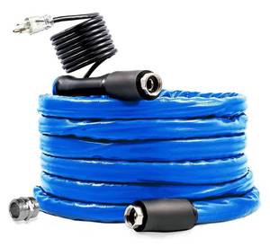 lot 55179 image: Camco 25-Foot Heated Drinking Water Hose  Features Water Line Freeze Protection Down to -20°F-28°C, an Energy-Saving Thermostat, and Includes Adapter for Connection to Either End of Hose (22911)