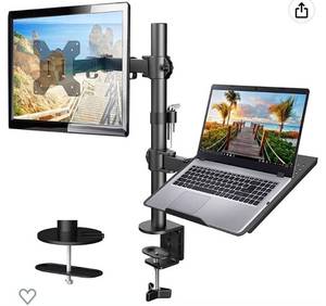 lot 55188 image: HUANUO Laptop Monitor Mount with Tray for 13-30 inch Screens up to 22 lbs, Fully Adjustable Laptop Desk Stand, Fits Laptops up to 17 inches, Clamp and Grommet Mounting Base(Retail $49.99)
