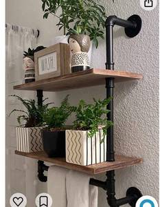 lot 55190 image: ROGMARS Industrial Pipe Shelving,Iron Pipe Shelves Industrial Bathroom Shelves with Towel bar,24 in Rustic Metal Pipe Floating Shelves Pipe Wall Shelf,2 Tier Industrial Shelf Wall Mounted with Hook (Retail $79.99)