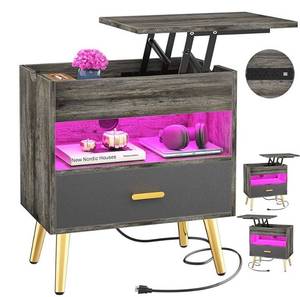 lot 55195 image: Cyclysio 35 Inches Nightstand with Reversible Lift Top, Large Night Stand with LED Lights, Tall Bedside Table with Charging Station, High End Side Table for Bedroom, Sofa Side, Living Room, Grey (Retail $125.99)