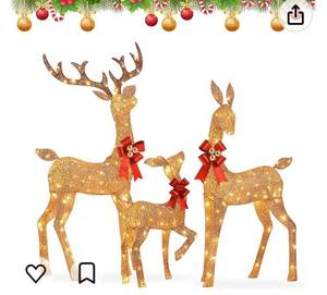 lot 55198 image: Large 3-Piece Lighted Christmas Deer Family Set Outdoor Yard Decoration with LED Lights��Glove, Stakes, Zip Ties - ��Gold��(Retail $149.99)