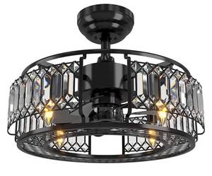 lot 55199 image: Black Flush Mount Ceiling Fan with Light and Remote Industrial Caged Crystal Ceiling Fan Bladeless Enclosed Ceiling Fan Light Fixture Farmhouse Vintage Low Profile for Bedroom Living Room Hall (Retail $81.92)