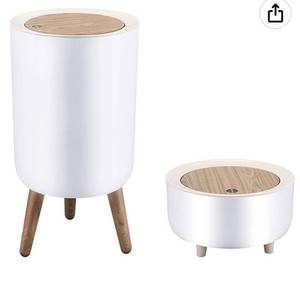 lot 55207 image: Trash cans (1.8 Gallon AND 0.5 Gallon) (2 Pieces) Mini Trash can with press top Lid, Nordic Modern waste baskets, Dog proof trash can(White) (Retail $49.99)